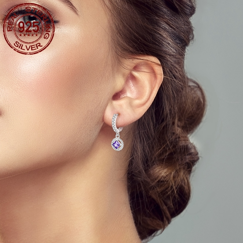 Women's 925 Silver Purple Princess Square Earrings with Zirconia